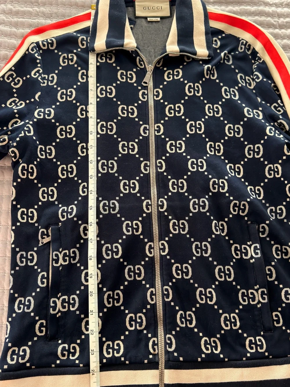 Gucci Navy and Cream GG Logo Track Jacket with Red Shoulder Stripe - Picture 8 of 9